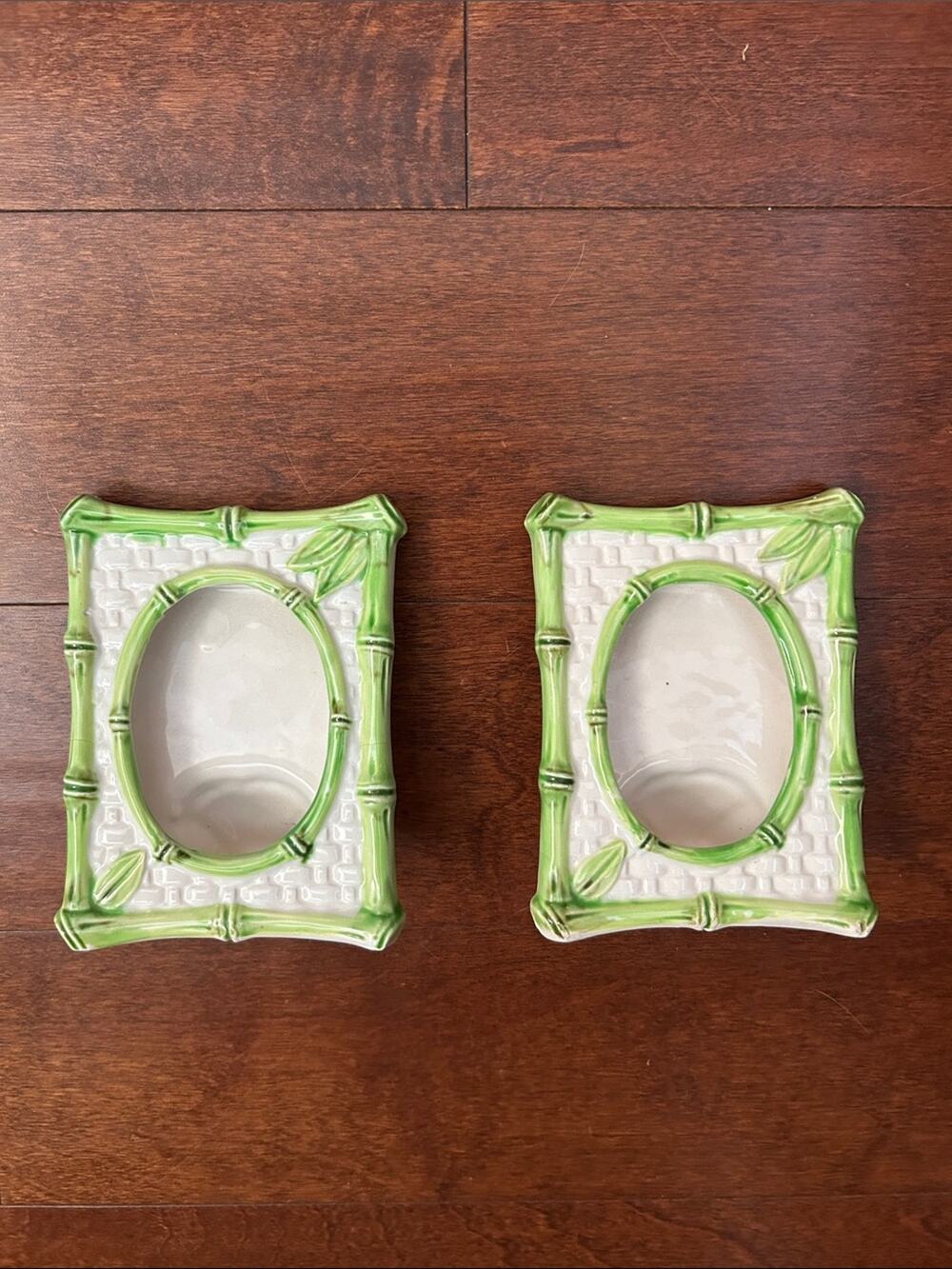 Vintage Japanese Green and White Bamboo Ceramic Picture Frames — Set of 2